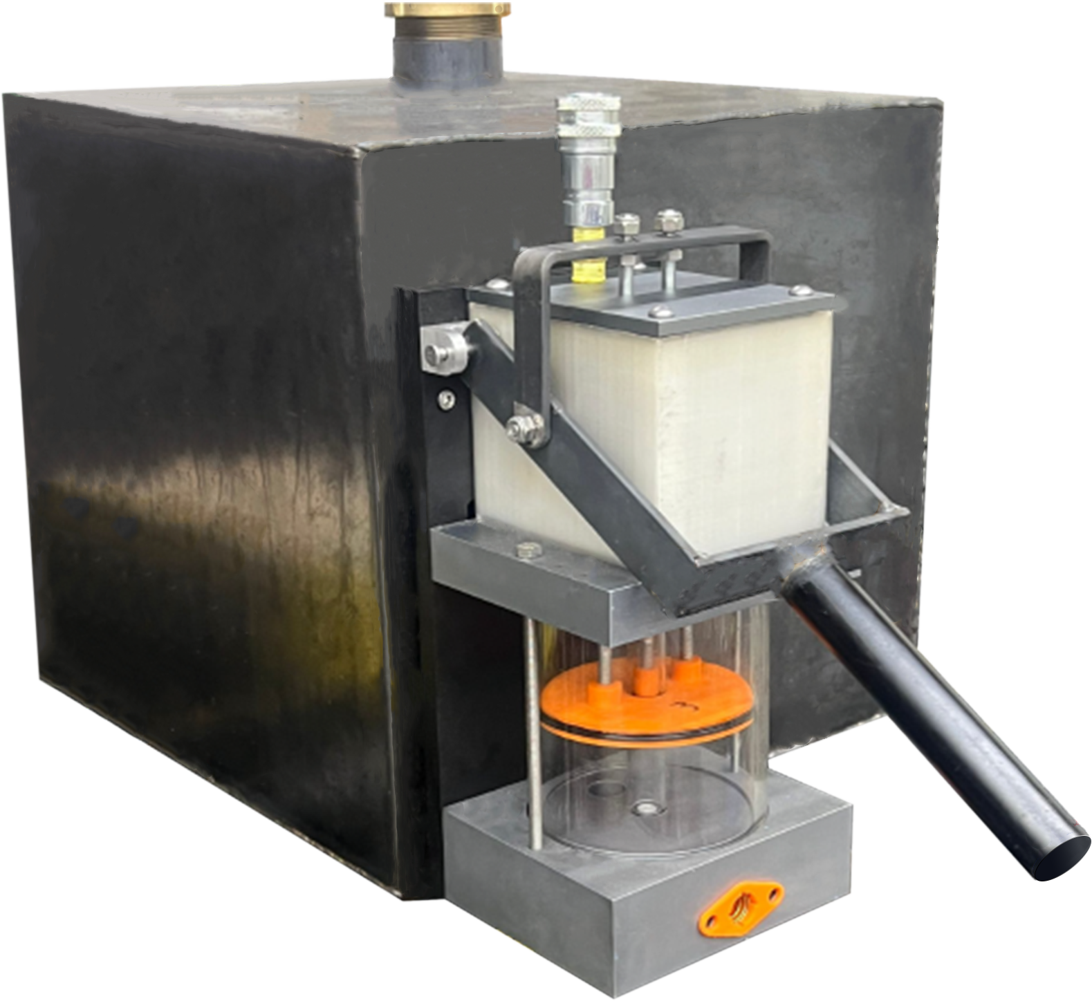 The AutoMixer, a black steel fuel tank with a metering assembly and discharge pipe mounted to its face